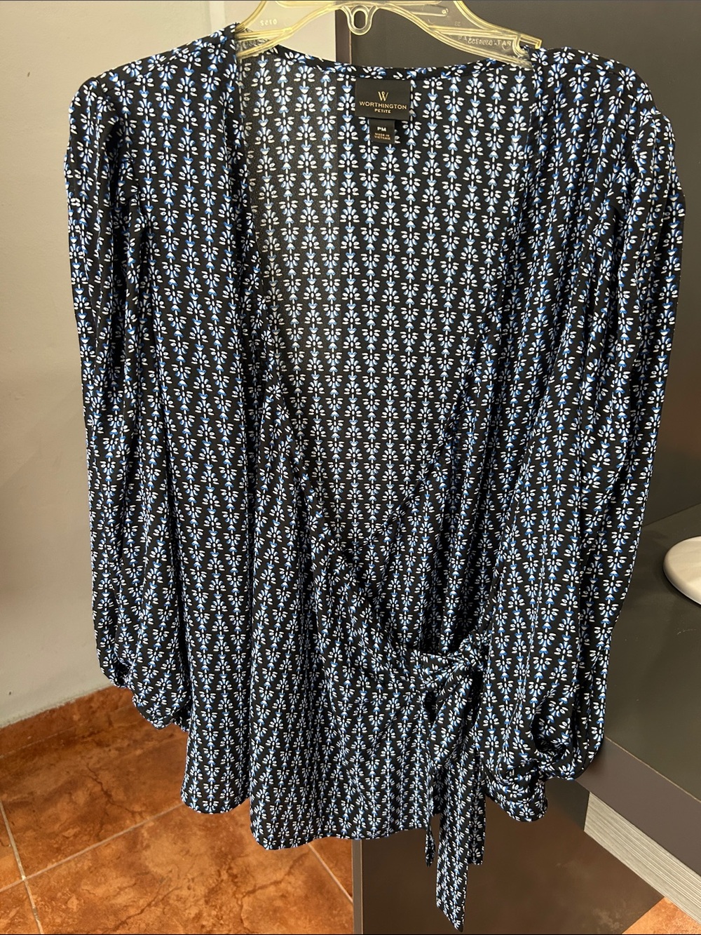 Worthington Black Wrap blouse with Light Blue Floral Print